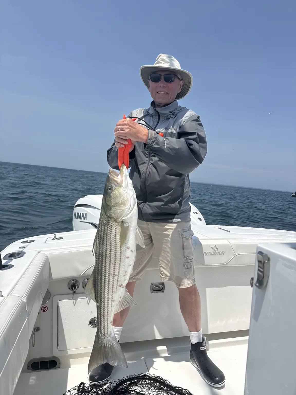 Angler holding a striped bass aboard the boat